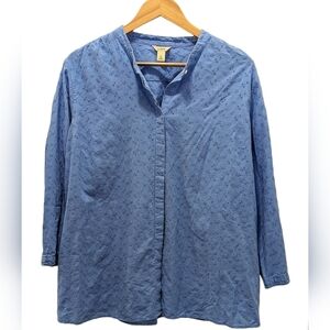 L.L. Bean Blue Long Sleeve Eyelet Mock Collar Blouse Size XL